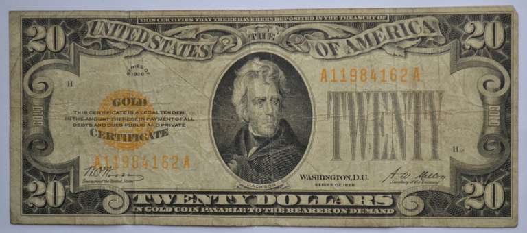 First and Only Small Size 1928 $ 20 Gold Certificate