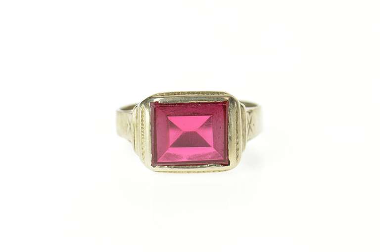 10K White Gold Art Deco Squared Syn. Ruby Men's Statement Ring