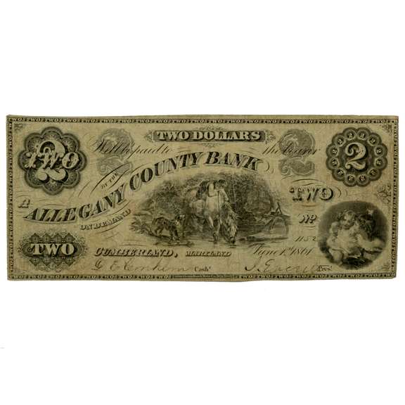 June 1 1861 $2 Allegany County Bank Cumberland  Maryland Note