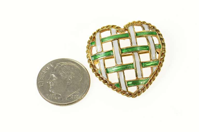 14K Yellow Gold Retro Blue Green Enamel Woven Heart Pin/Brooch