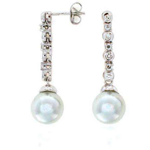 Sterling Silver Simulated Diamond CZ Glass Simulated Pearl Drop Bridal/Wedding Earrings