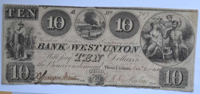 Unusual $ 10 Bank Of West Union Ohio 1840 Note