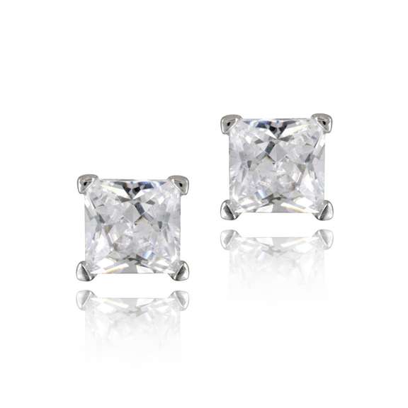 Silver Tone 3/4ct CZ Square Stud Earrings, 4mm
