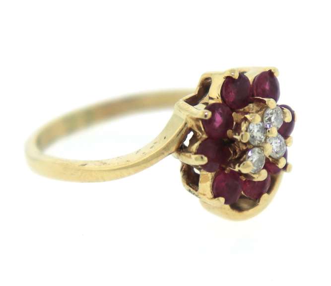 Whimsical 14kt Yellow Gold Round Cut Ruby and Diamond Flower Cluster Ring