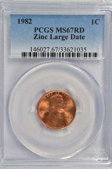 1982 Large Date Lincoln Cent in PCGS MS67RD