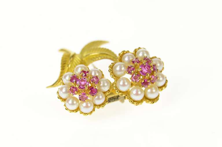 18K Yellow Gold Retro Ruby Pearl Flower Bouquet Pin/Brooch