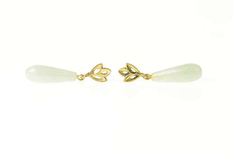 10K Yellow Gold Carved Jade Drop Dangle Leaf Accent Earrings