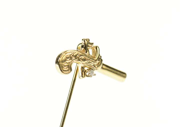 14K Yellow Gold Diamond Inset Flintlock Pistol Ornate Stick Pin