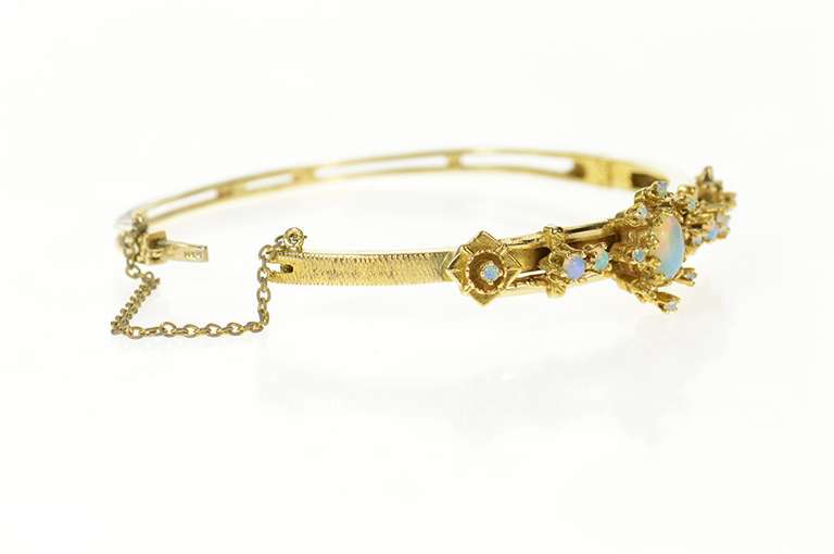 14K Yellow Gold Victorian Oval Opal Halo Ornate Bangle Bracelet