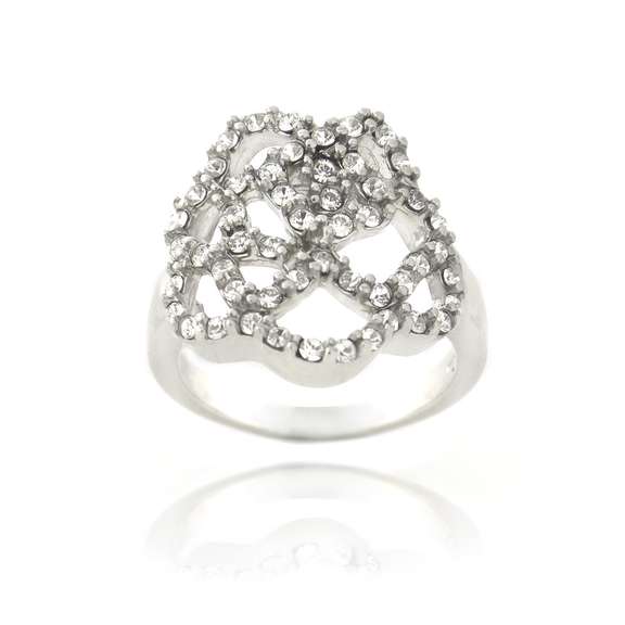 Silver Tone Crystal Rose Ring