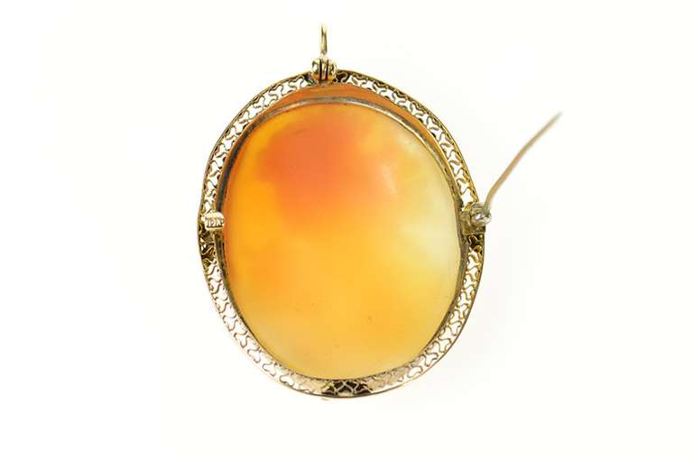 14K Yellow Gold Victorian Ornate Carved Lady Shell Cameo Pendant/Pin