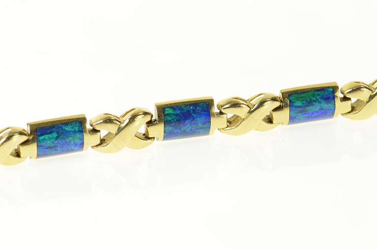 14K Yellow Gold Squared Black Opal Inlay Criss Cross Link Bracelet
