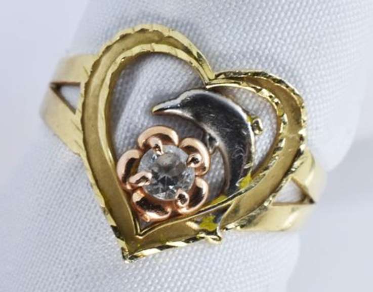 Chic Heart, Diamond, and Dolphin Ring in 14K