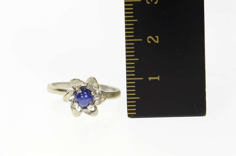 14K White Gold Retro Syn. Blue Star Sapphire Floral Twist Ring