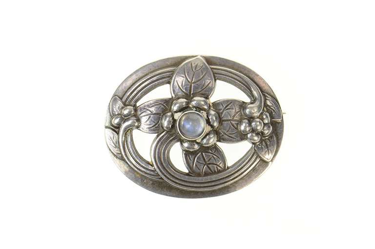 Sterling Silver Georg Jensen Moonstone Leaf Swirl 138 Pin/Brooch