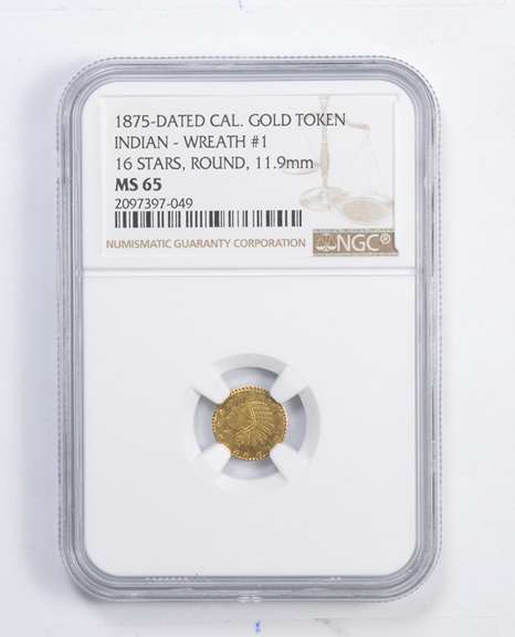 MS65 1875 Dated California Gold Token Indian Wreath Round 11.9mm NGC