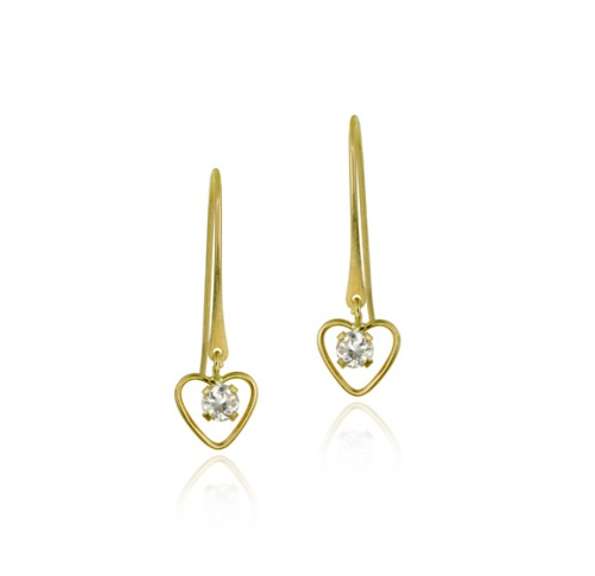 10K Gold CZ & Heart Mini Dangle Earrings