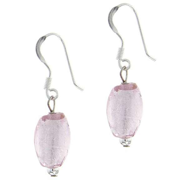 Sterling Silver Pink Glass Foil Bead Oval Dangle Earrings