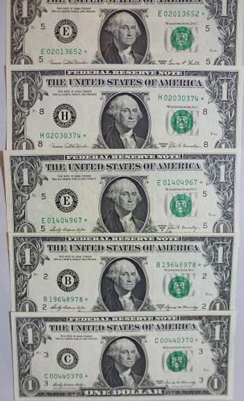 (5) Gem Crisp 1969 $1 Star Notes All Series Through 1969-D!