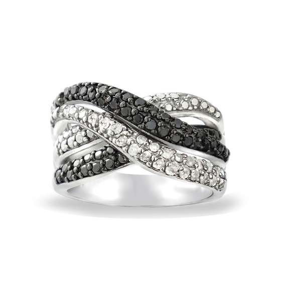 1/2ct Black & White Diamond Crossover Twist Silver Tone Band Ring