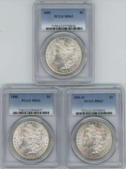 3 diff. choice BU Morgan Silver Dollars. PCGS MS63