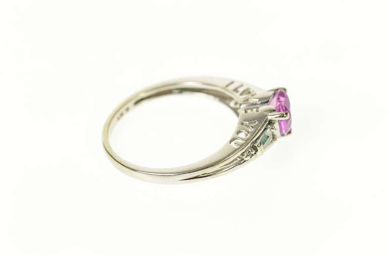 10K White Gold Heart Syn. Pink Topaz CZ Baguette Accent Ring