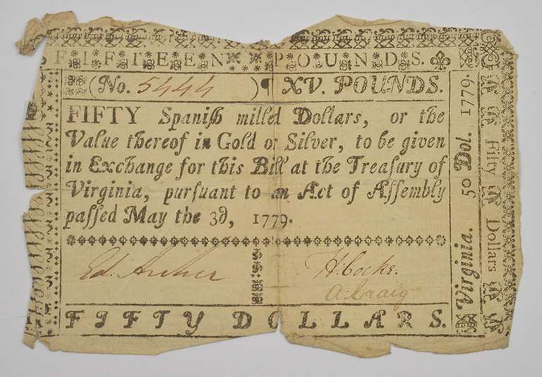 1779 50 Dollars Virginia Colonial Currency
