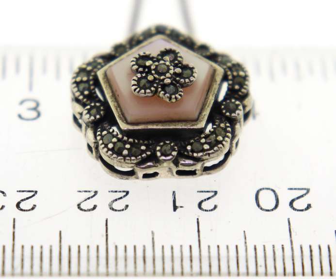 Italian Sterling Silver Marcasite Flower Pendant Necklace