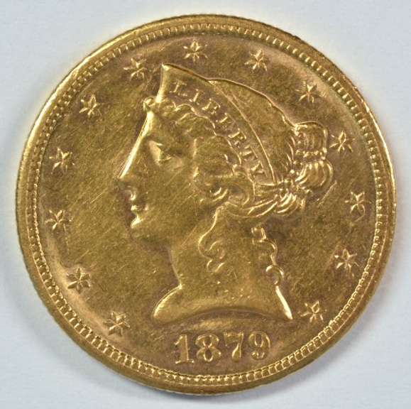 Scarce Mint State 1879-S US $5 Liberty Gold Piece