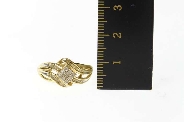 14K Yellow Gold Squared Diamond Cluster Bypass Criss Cross Ring