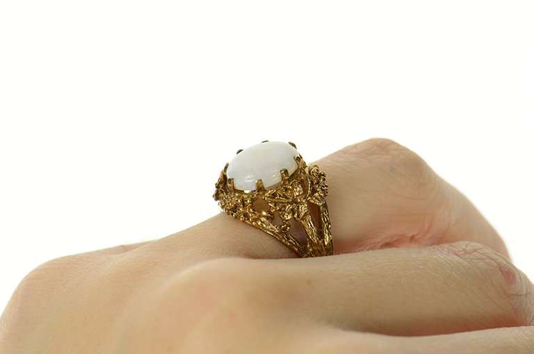 10K Yellow Gold Natural Opal Ornate Retro Floral Statement Ring