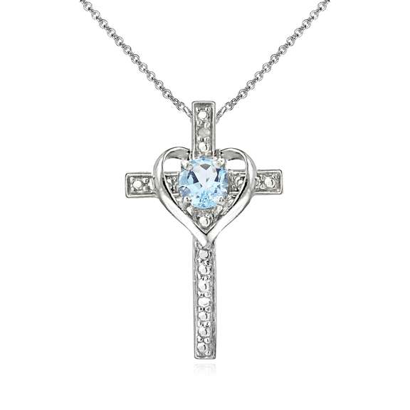 Sterling Silver Blue Topaz Cross Heart Pendant Necklace