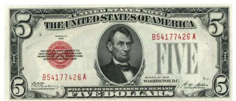 Choice CU 1928 Small Size Series $5 Red Seal Note