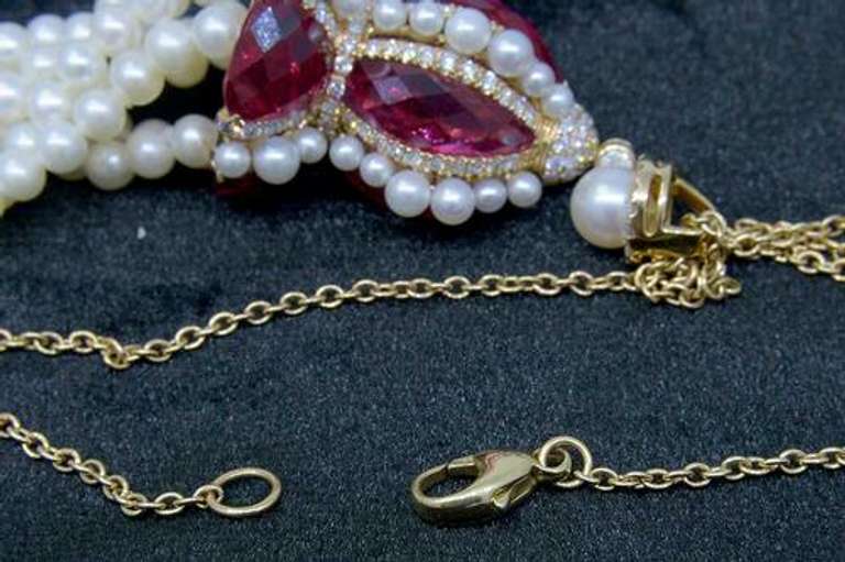 18KT Diamond, Ruby, & Pearl Tassel Necklace