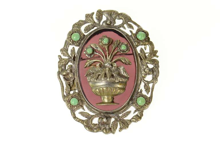 Sterling Silver Victorian Bouquet Bird Vine Statement Pin/Brooch