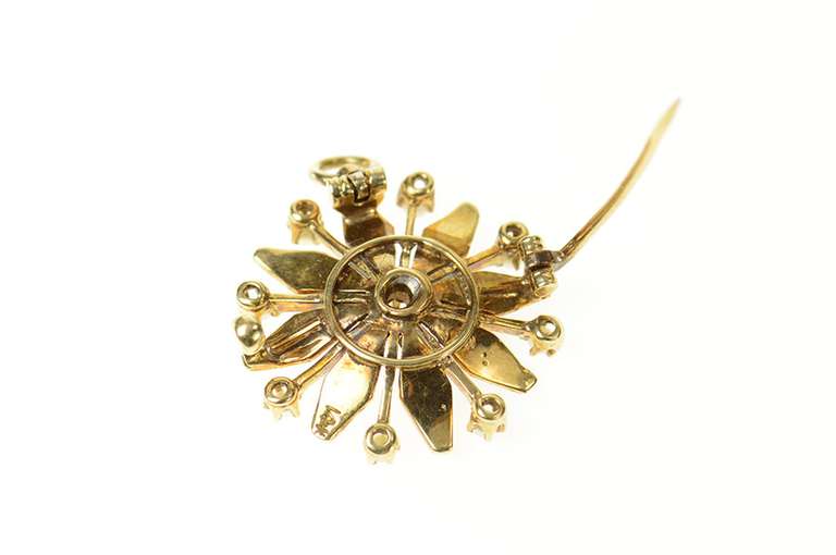 14K Yellow Gold Victorian Seed Pearl Diamond Accent Sun Pendant/Pin