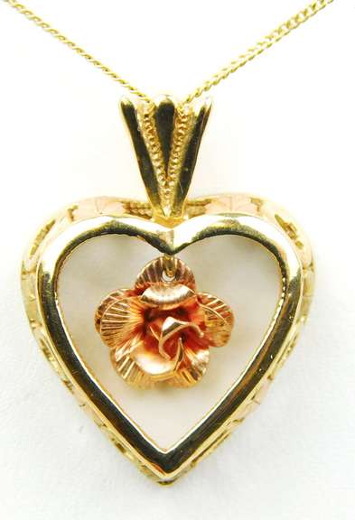 Vintage 10K 2-Tone Gold Heart & Rose Necklace