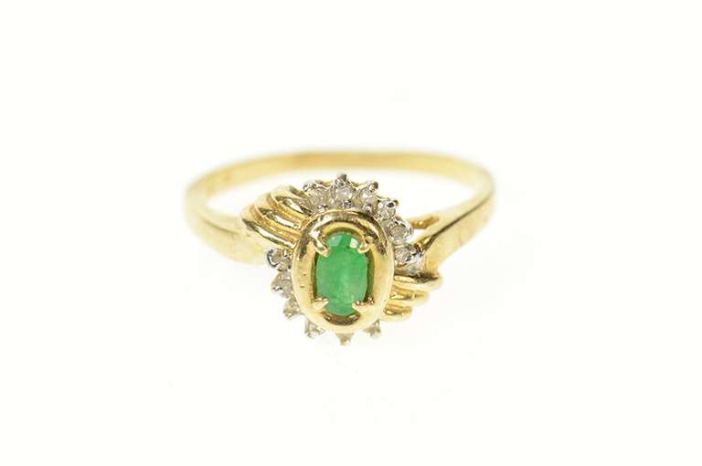 14K Yellow Gold Ornate Classic Emerald Accent Bypass Ring