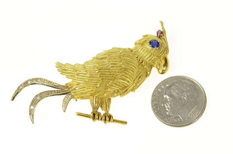 18K Yellow Gold Ornate 1960's Sapphire Stylized Bird Parrot Pin/Brooch