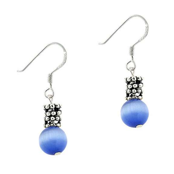 Sterling Silver Blue Cats Eye & Bali Bead Dangle Earrings