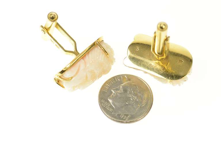 14K Yellow Gold Ornate Carved Light Pink Coral Buddha Head Cuff Links