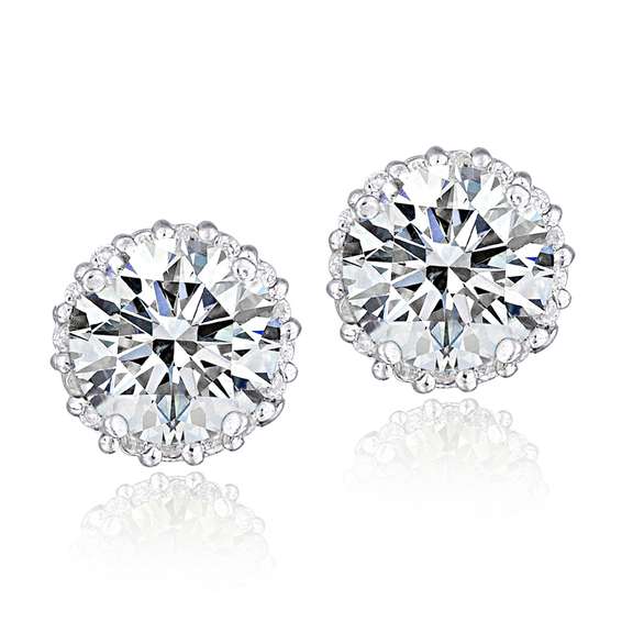 Platinum Plated Sterling Silver 100 Facets Cubic Zirconia Halo Stud Earrings (3cttw)
