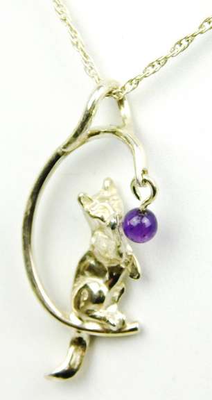Vintage Sterling Cat & Amethyst Ball Pendant & Chain