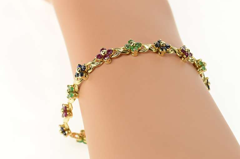 14K Yellow Gold Ruby Emerald Sapphire Flower Cluster Tennis Bracelet