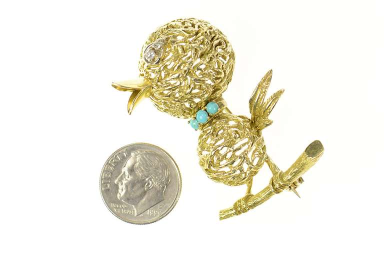 18K Yellow Gold 1960's Diamond Turquoise Stylized Baby Bird Pin/Brooch