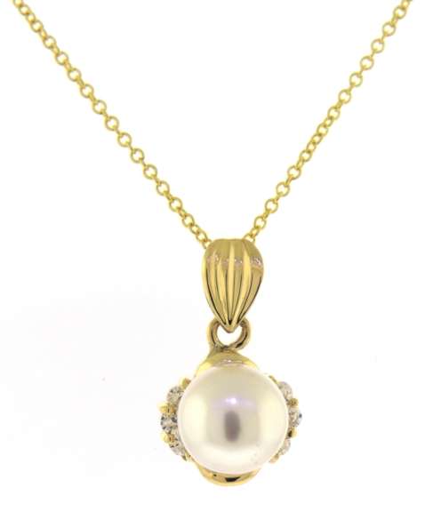 Fancy 14kt Yellow Gold Pearl and CZ Necklace