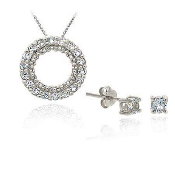 Sterling Silver Blue Topaz Eternity Pendant & Stud Earrings Set