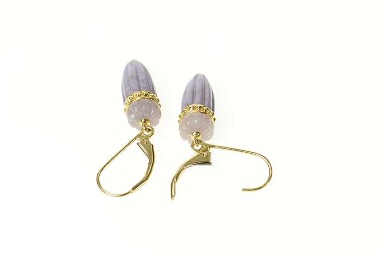 14K Yellow Gold Scalloped Carved Purple Stone Jade Dangle Earrings
