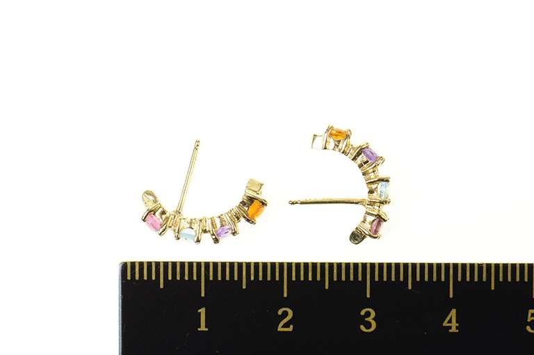 14K Yellow Gold Blue Topaz Amethyst Curved Bar Semi Hoop Earrings