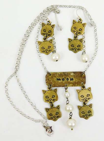 Sterling & Pearls Cat Necklace & Earrings